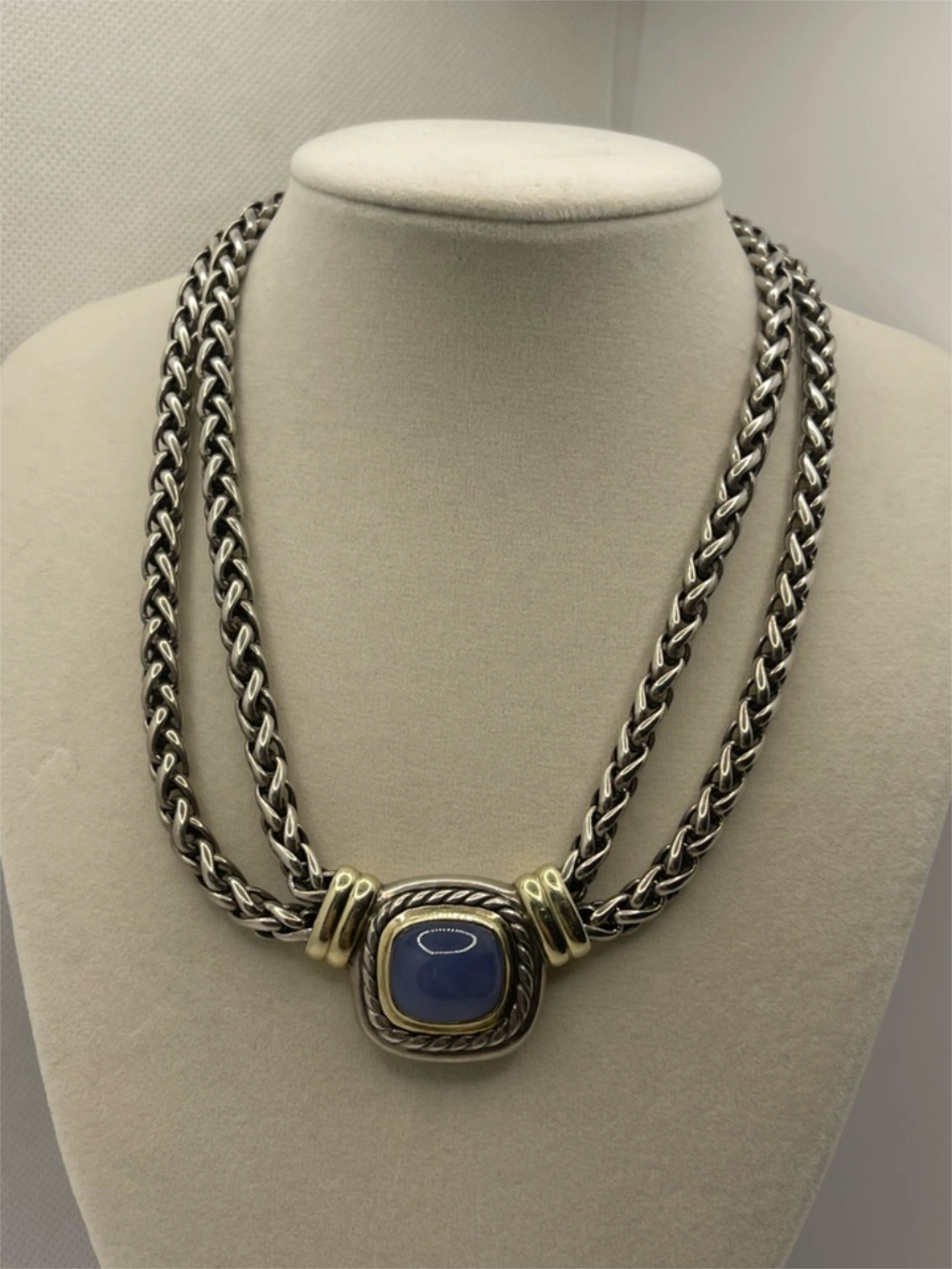 Vintage David Yurman Albion Blue Chalcedony Double Strand Choker Necklace 925 14k