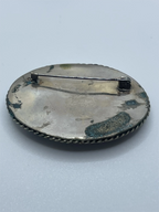 Back of the Vintage Fedoskino Hand-Painted Winter Landscape Mother of Pearl Brooch