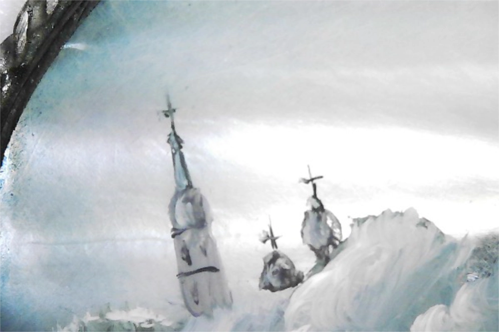 Painting of Churches as part of the Vintage Fedoskino Hand-Painted Winter Landscape Mother of Pearl Brooch
