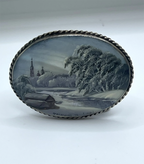 Vintage Fedoskino Hand-Painted Winter Landscape Mother of Pearl Brooch