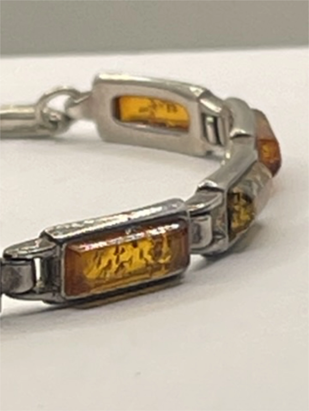Closeup of Vintage Genuine Baltic Amber Sterling Silver Link Chain Bracelet