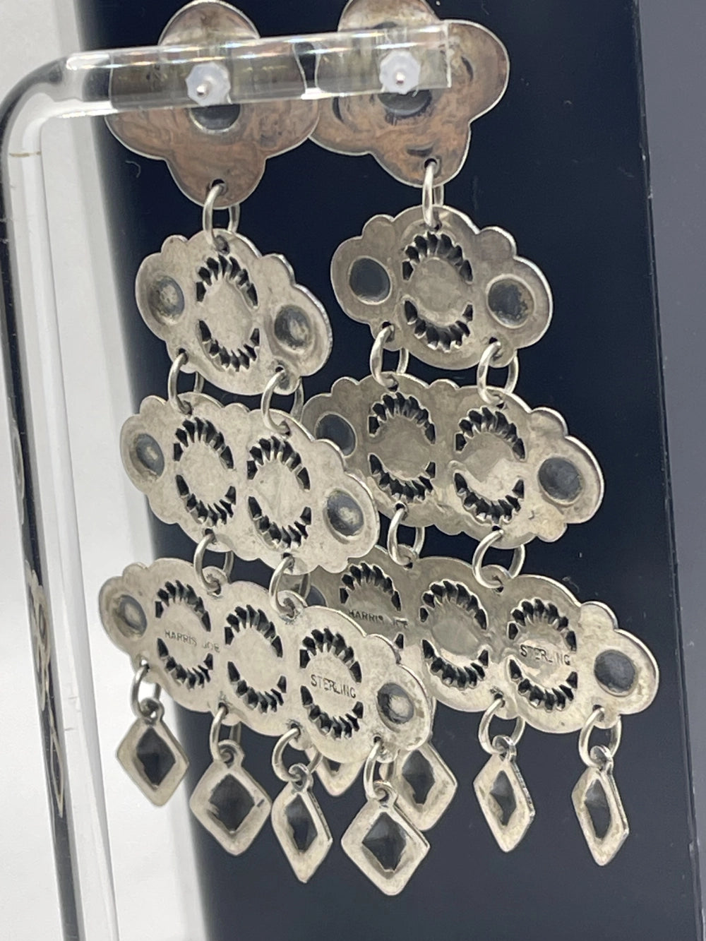 Back View of the Vintage Harris Joe Sterling Silver Chandelier Repousse Earrings
