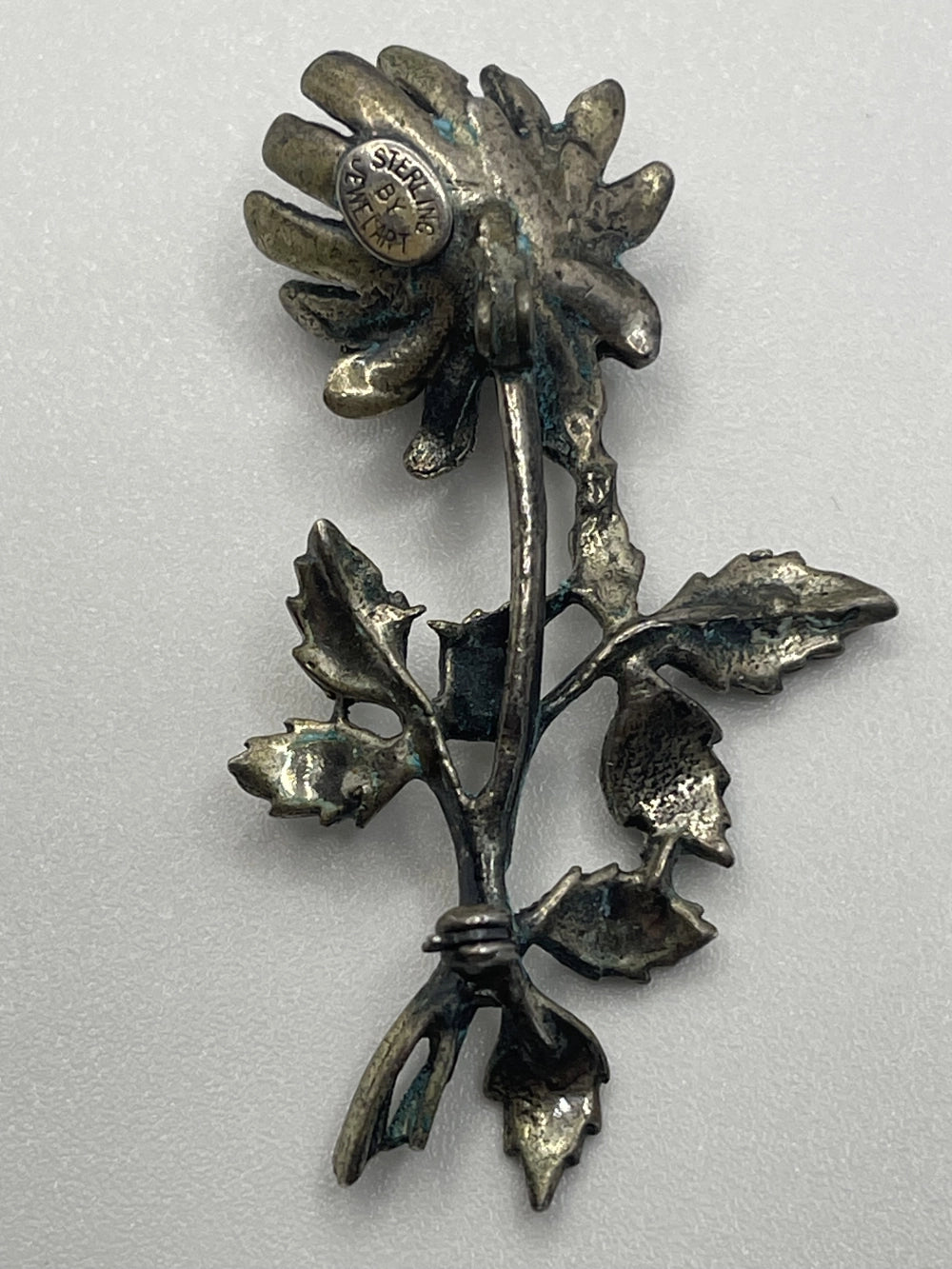 Back of the Vintage JewelArt Sterling Silver Rose Brooch Pin