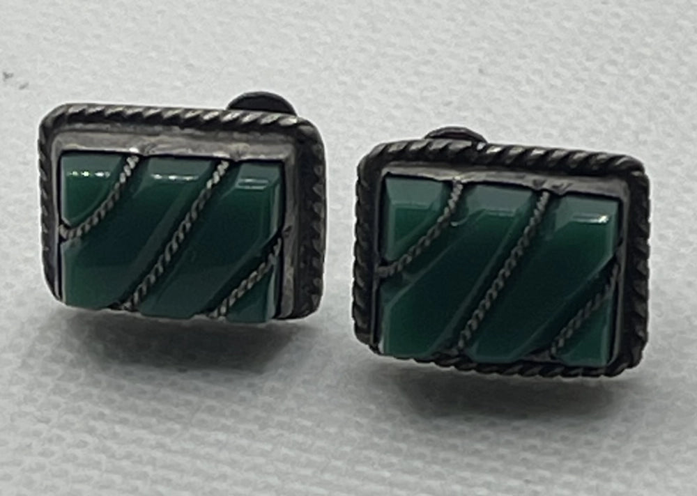 Vintage Mexican Green Onyx Sterling Silver Screwback Earrings