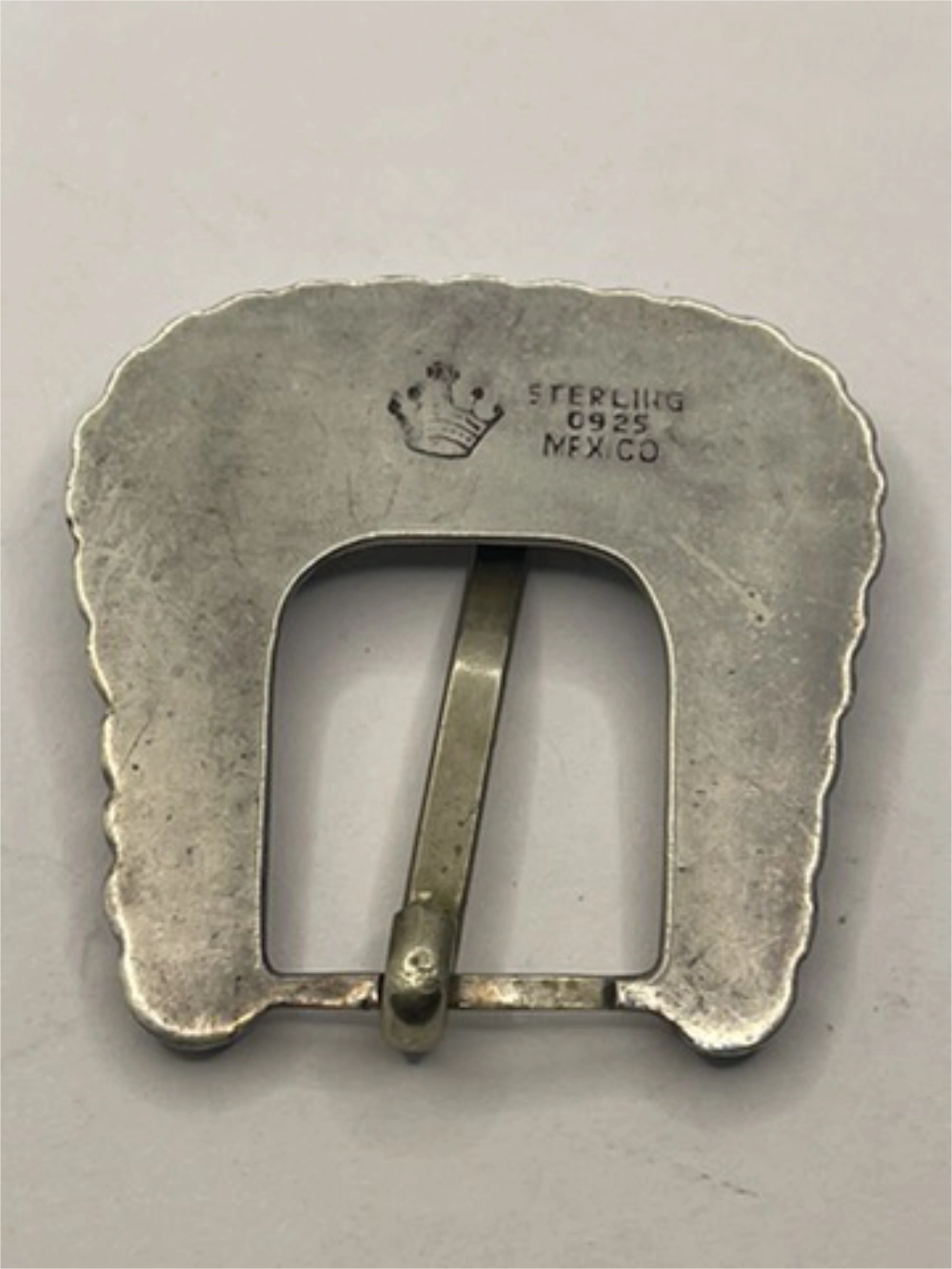 Back of Vintage Mexican Ranger Belt Buckle with a crown and Sterling 925 Mexico engraved