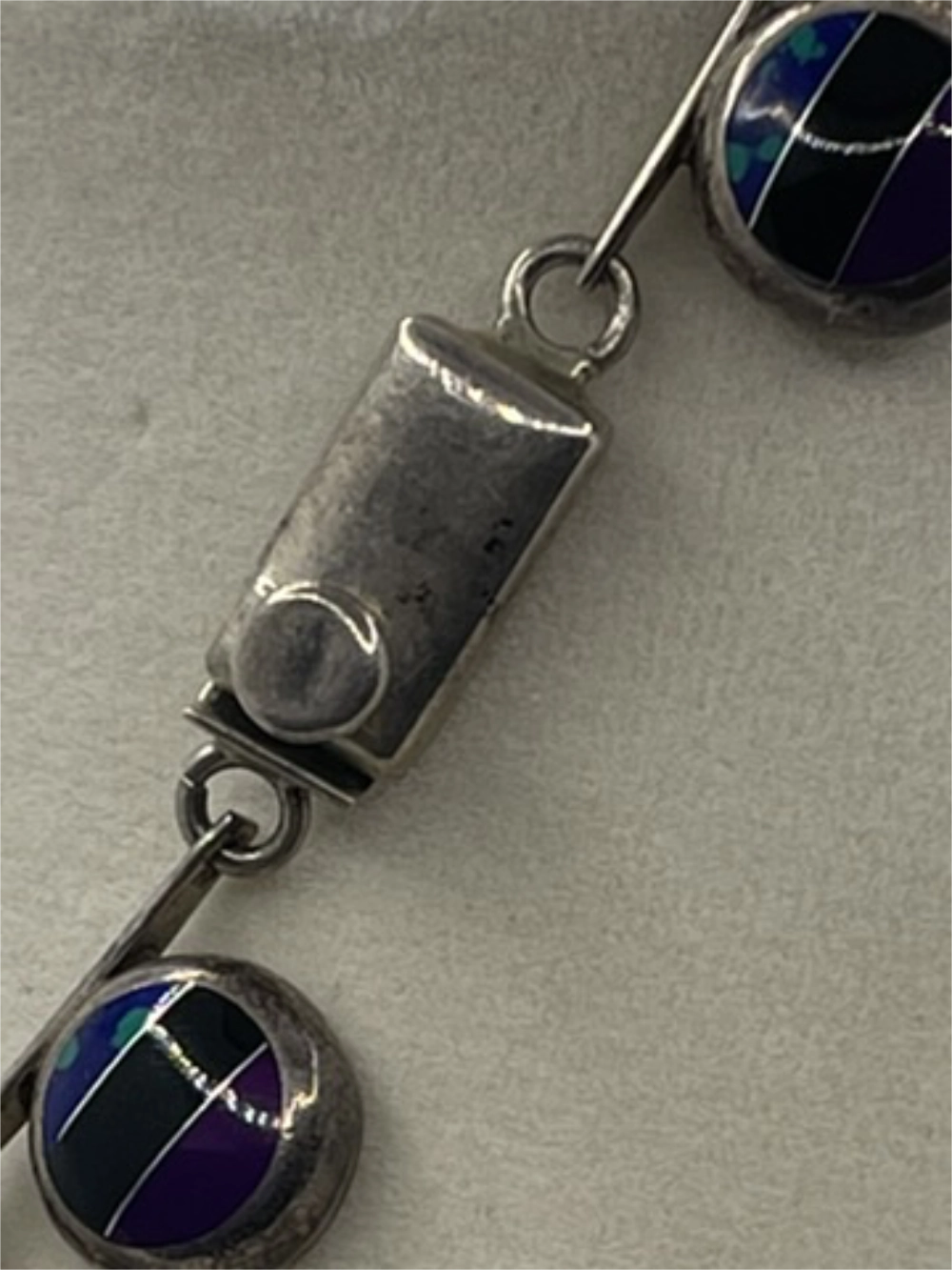 Close up of Clasp of the Vintage Mexican Taxco Sterling Silver Inlay Link Necklace