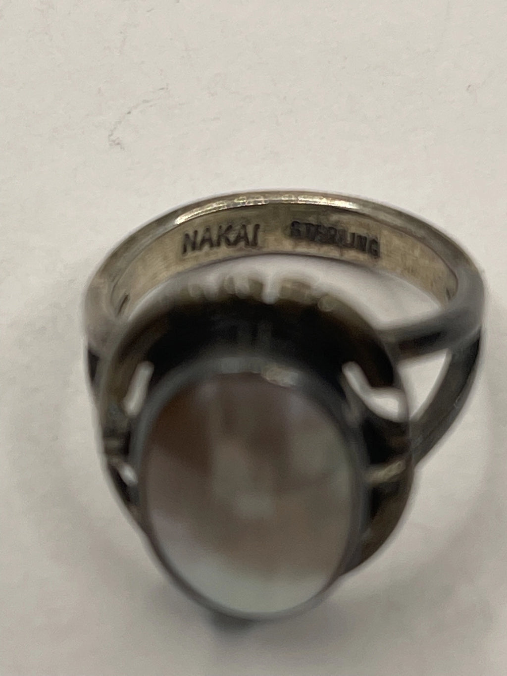 Front View of the Vintage NAKAI Sterling Silver Pink Mother of Pearl Navajo Ring