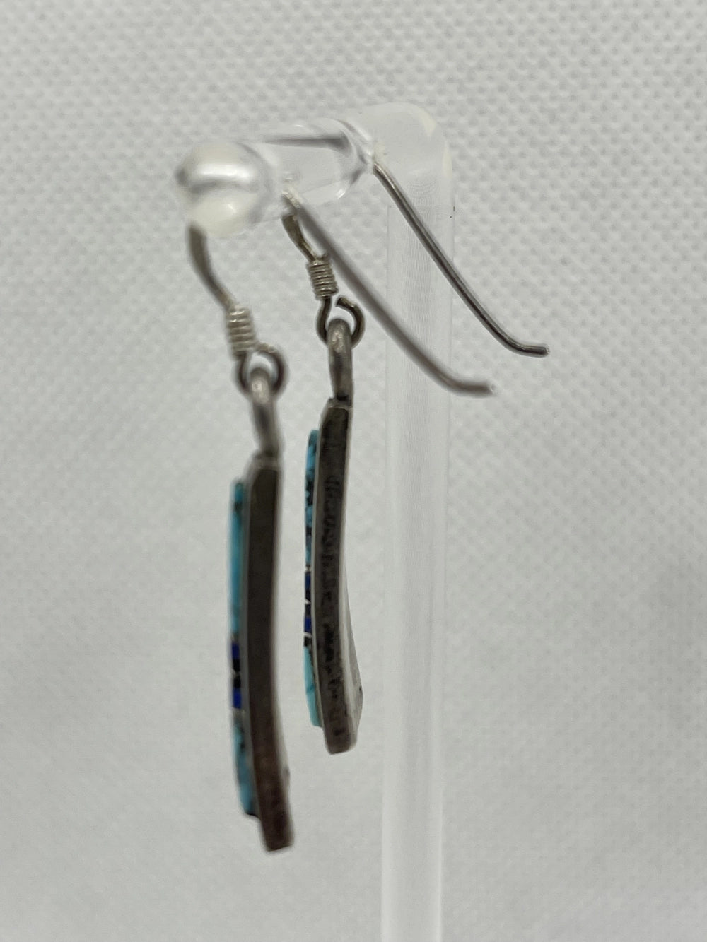 Side View of the Vintage Native American Shop Work Sterling Multi-Stone Inlay Dangle Earrings