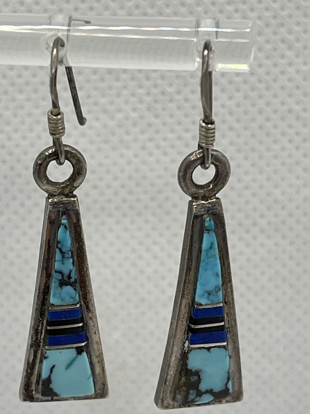 Vintage Native American Shop Work Sterling Multi-Stone Inlay Dangle Earrings