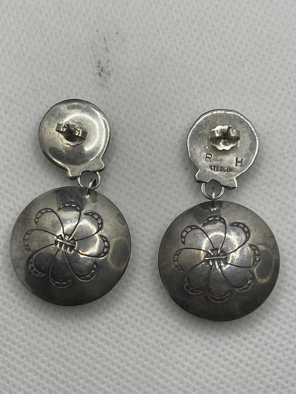 Back View of the Vintage Ronnie Hurley Double Disc Concho Sterling Earrings