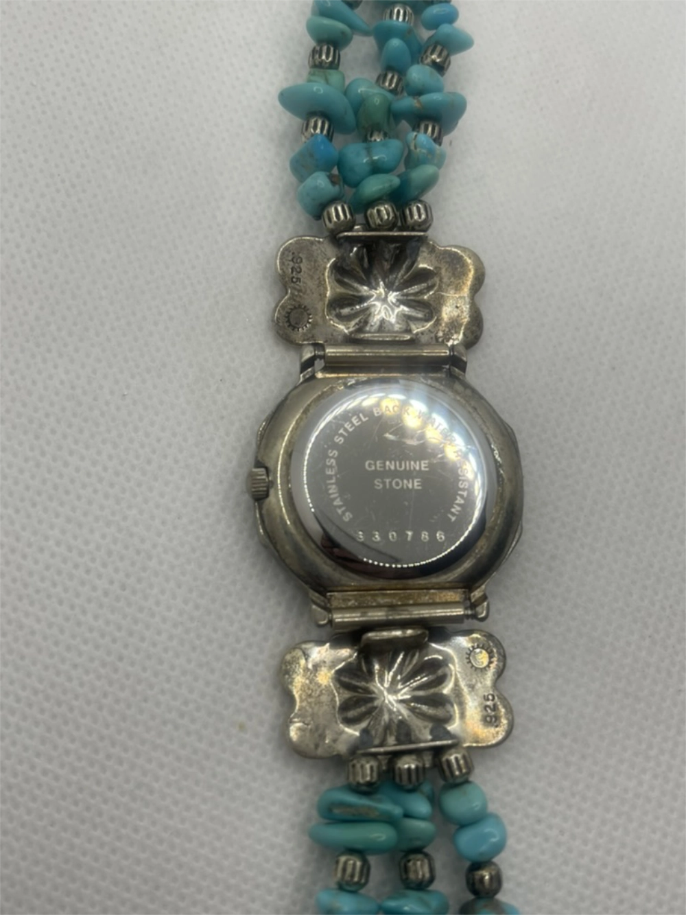 Hallmark of Vintage Sedona Southwest Style Turquoise Bead Silver Watch with Stainless Steel Genuine Stone 330786 etched