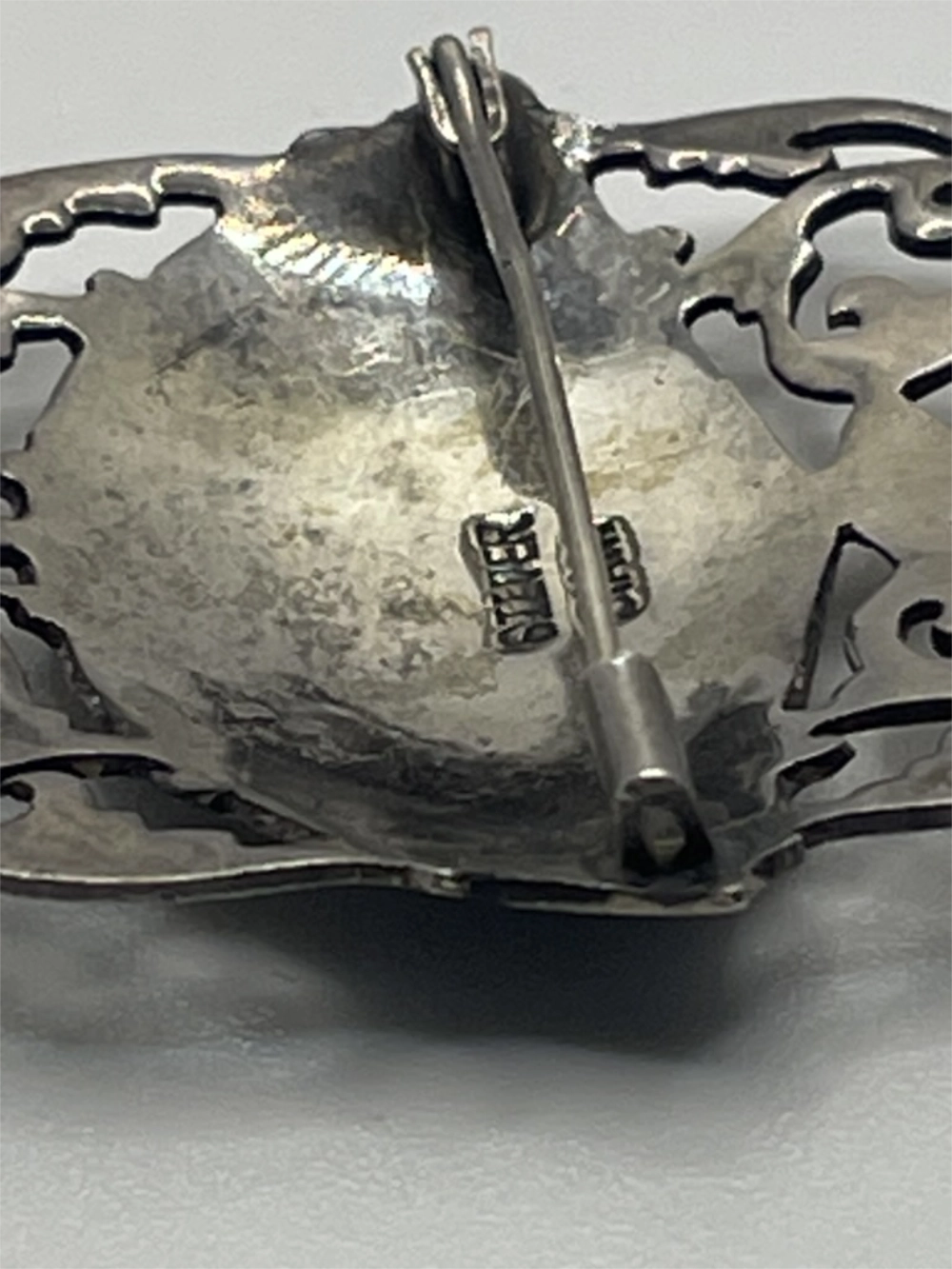 Hallmark of the Vintage Siam Sterling Silver Niello Fan Shaped Brooch with Silver Siam etched