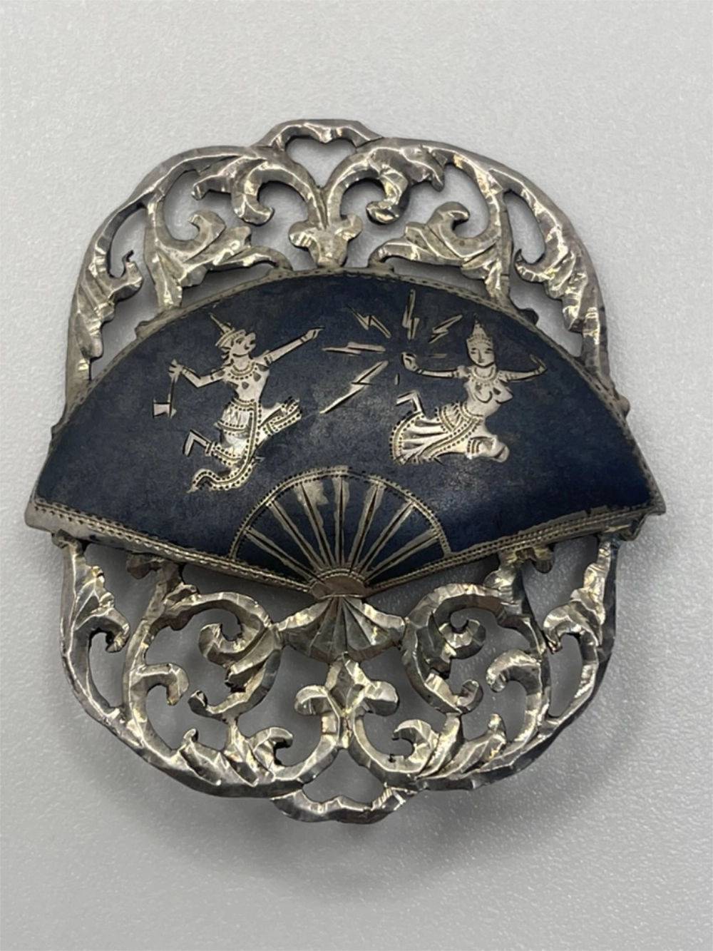 Vintage Siam Sterling Silver Niello Fan Shaped Brooch
