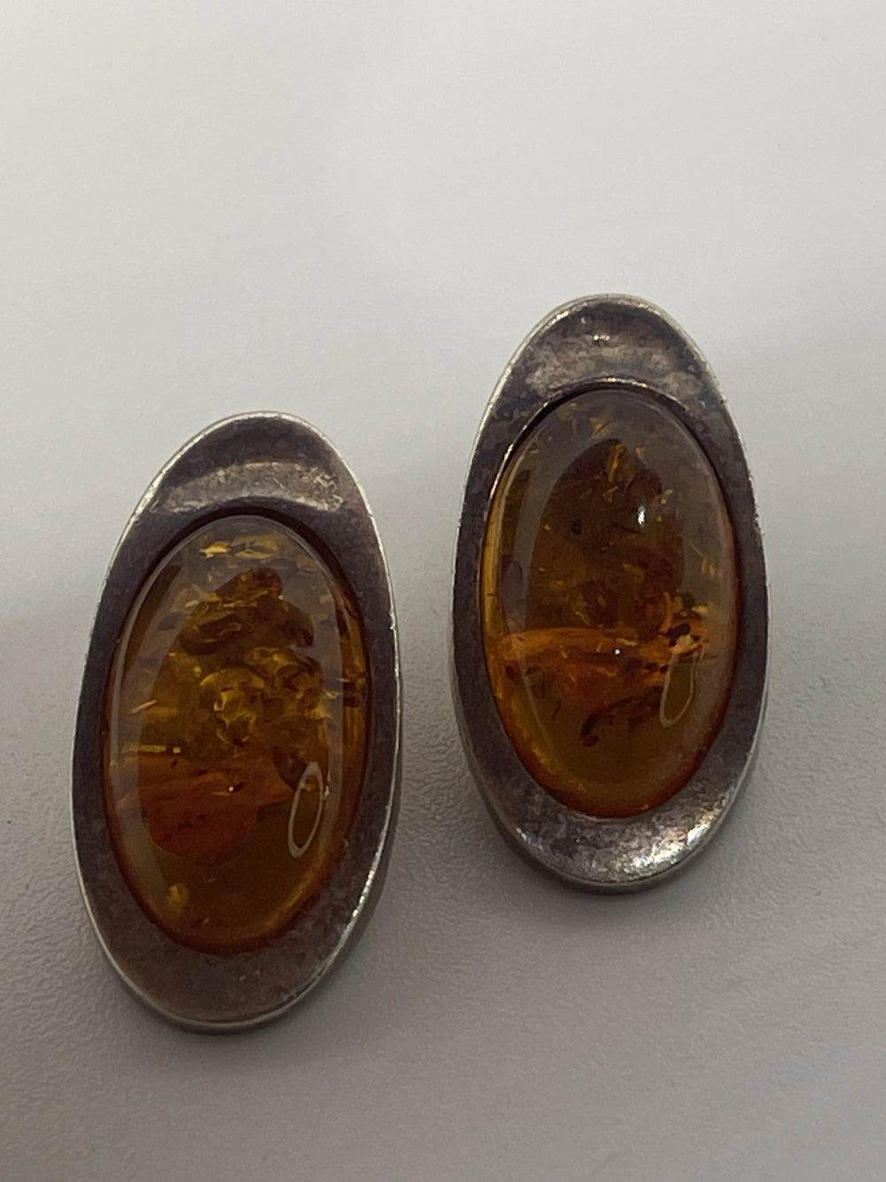 Vintage Sterling Silver Baltic Amber Oval Cut Clip On Earrings