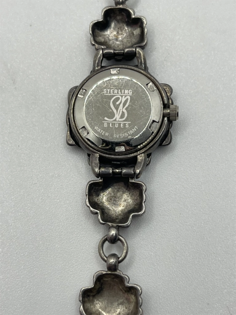 Hallmark of the Vintage Sterling Blues Fashion Brand Watch with SB Sterling Blues Water Resistant etched