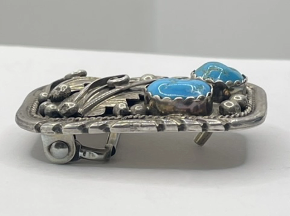 Side view of Vintage Thomas Tso Native American Navajo Diné Silver Turquoise Belt Buckle