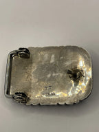 Back of Vintage Thomas Tso Native American Navajo Diné Silver Turquoise Belt Buckle with TT Sterling etched