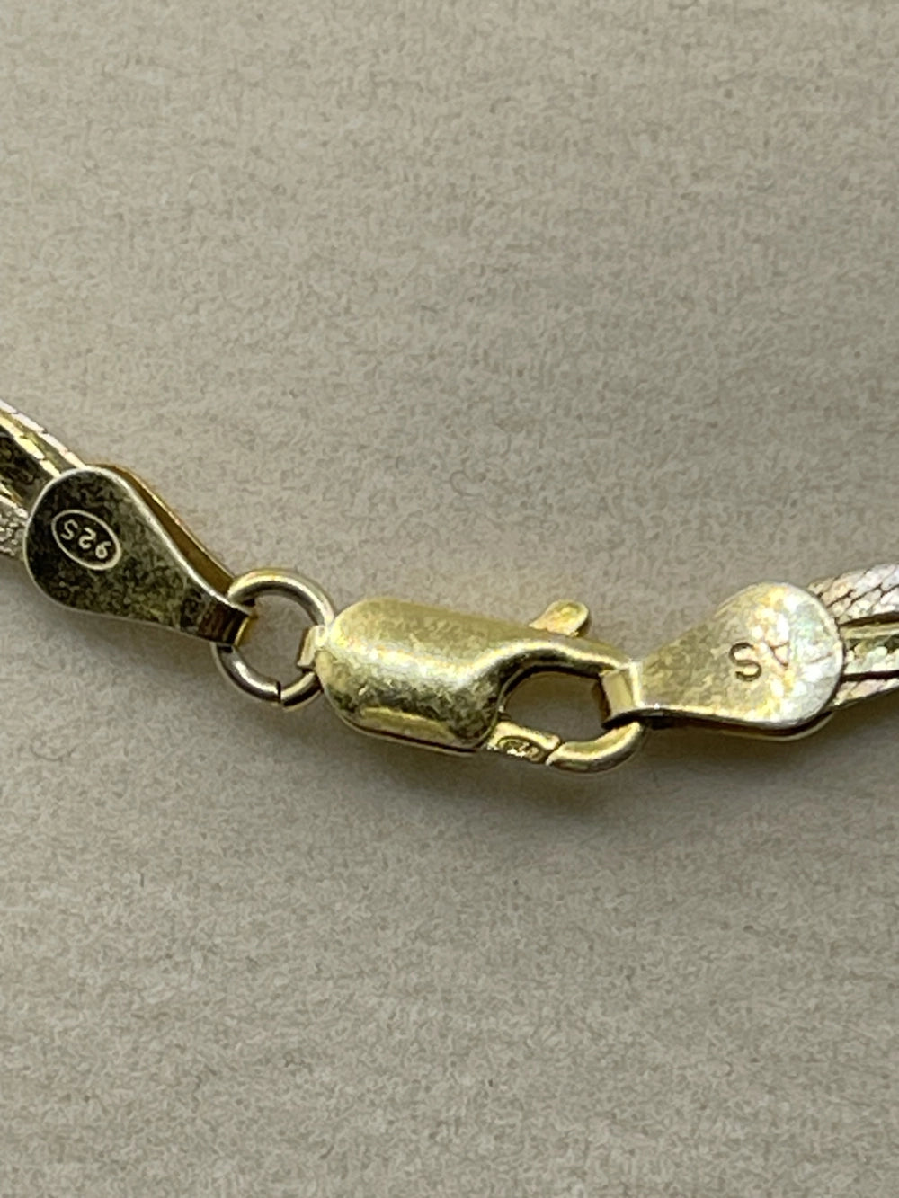 Clasp with AS and 925 on a Vintage FAS Two-Tone Sterling Silver Gold Vermeil Twisted Herringbone 17" Link Chain Necklace