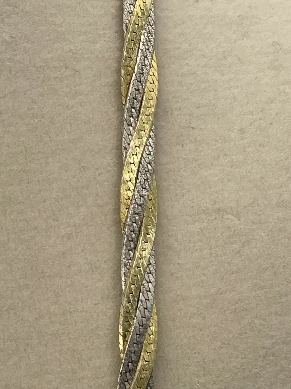 Closeup of a Vintage FAS Two-Tone Sterling Silver Gold Vermeil Twisted Herringbone 17" Link Chain Necklace