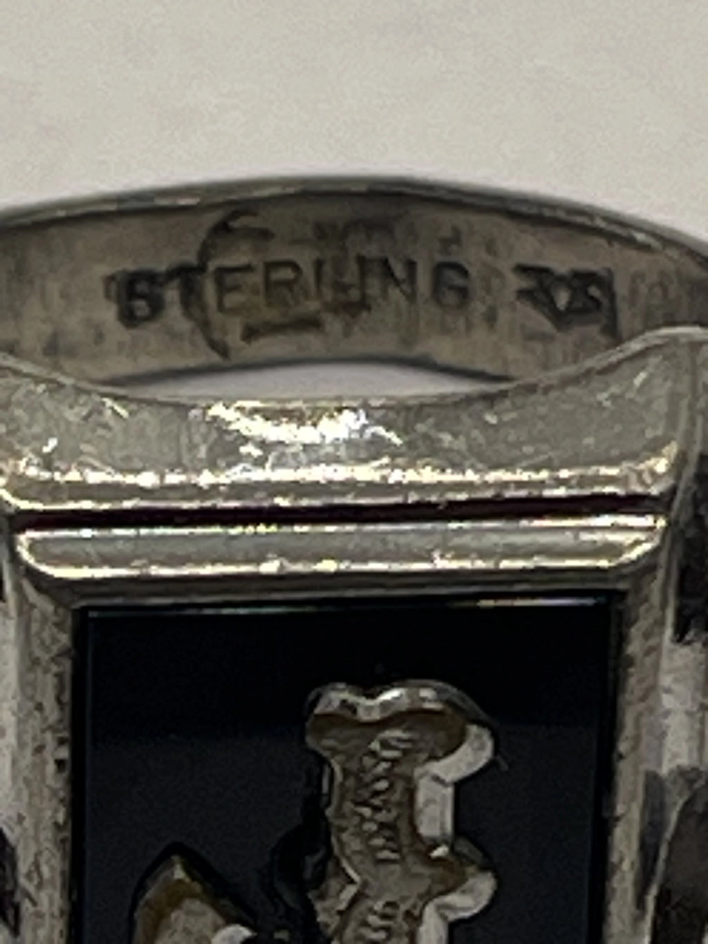 Closeup of Vintage Vargas Manufacturing Company "J" Monogrammed Sterling Silver Signet Ring