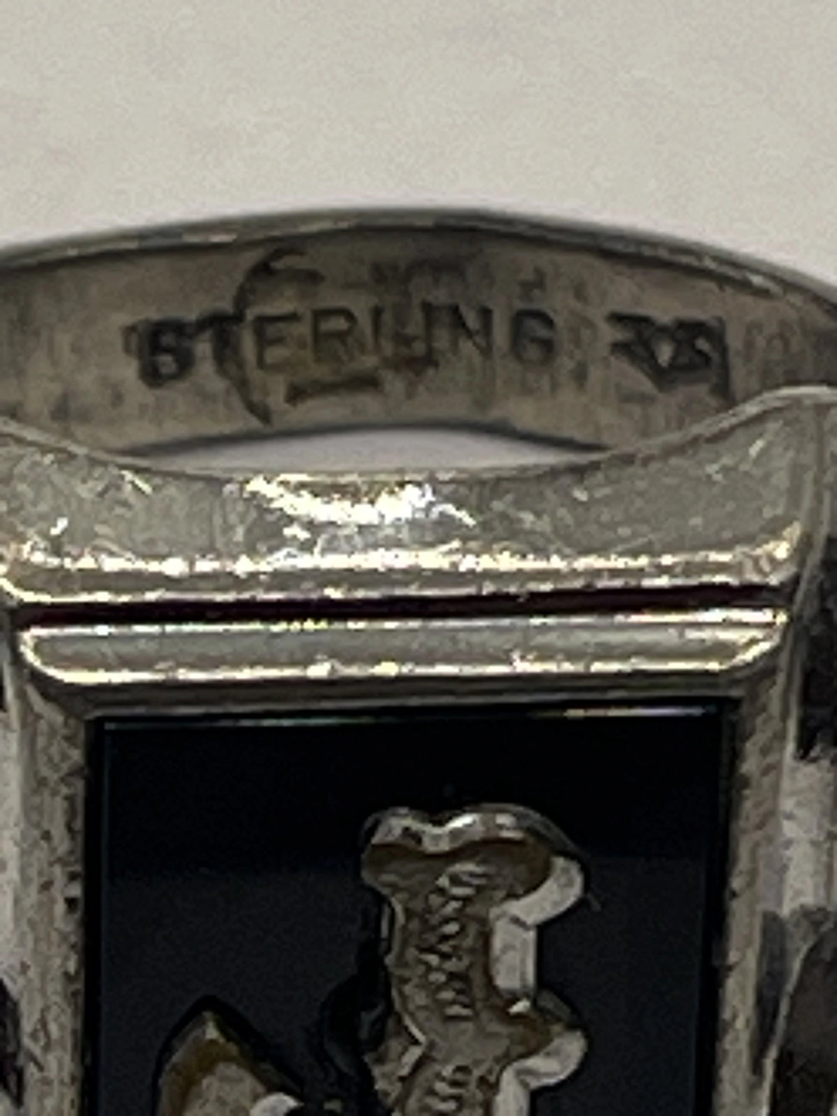 Closeup of Vintage Vargas Manufacturing Company "J" Monogrammed Sterling Silver Signet Ring