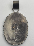 Bsck of Vintage Veronica Martza Silver Zuni Needlepoint Turquoise Pendant with V. Martza Zuni etched