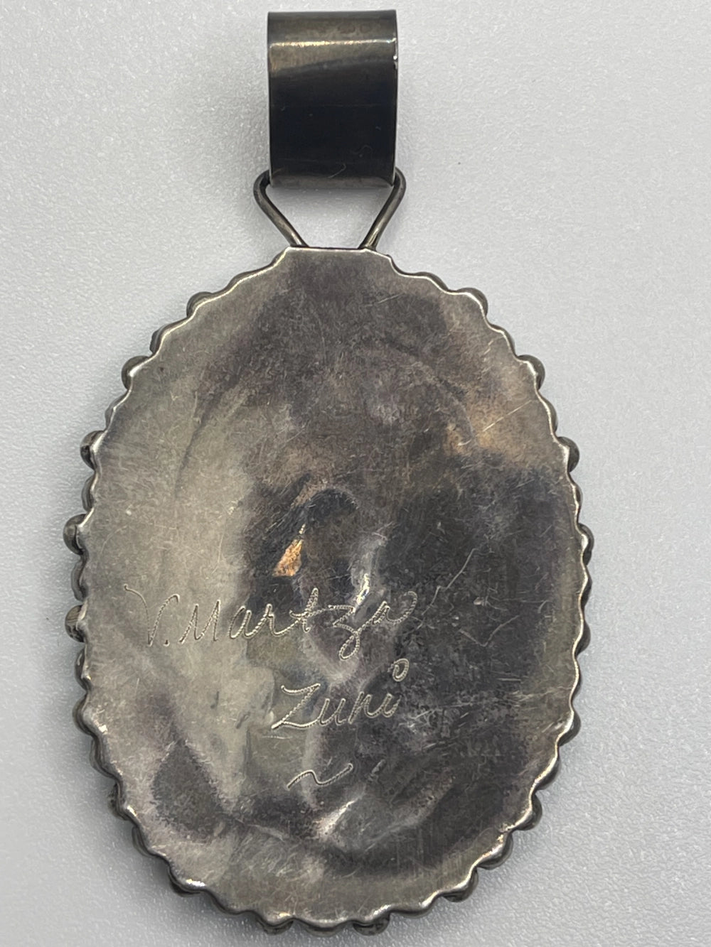 Bsck of Vintage Veronica Martza Silver Zuni Needlepoint Turquoise Pendant with V. Martza Zuni etched