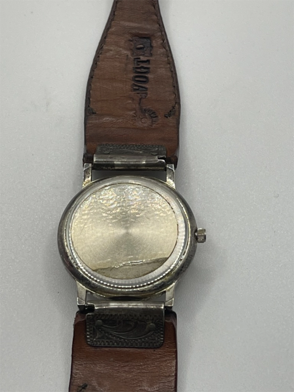 Back of Vintage Vogt Western Silver Leather Cuff Watch