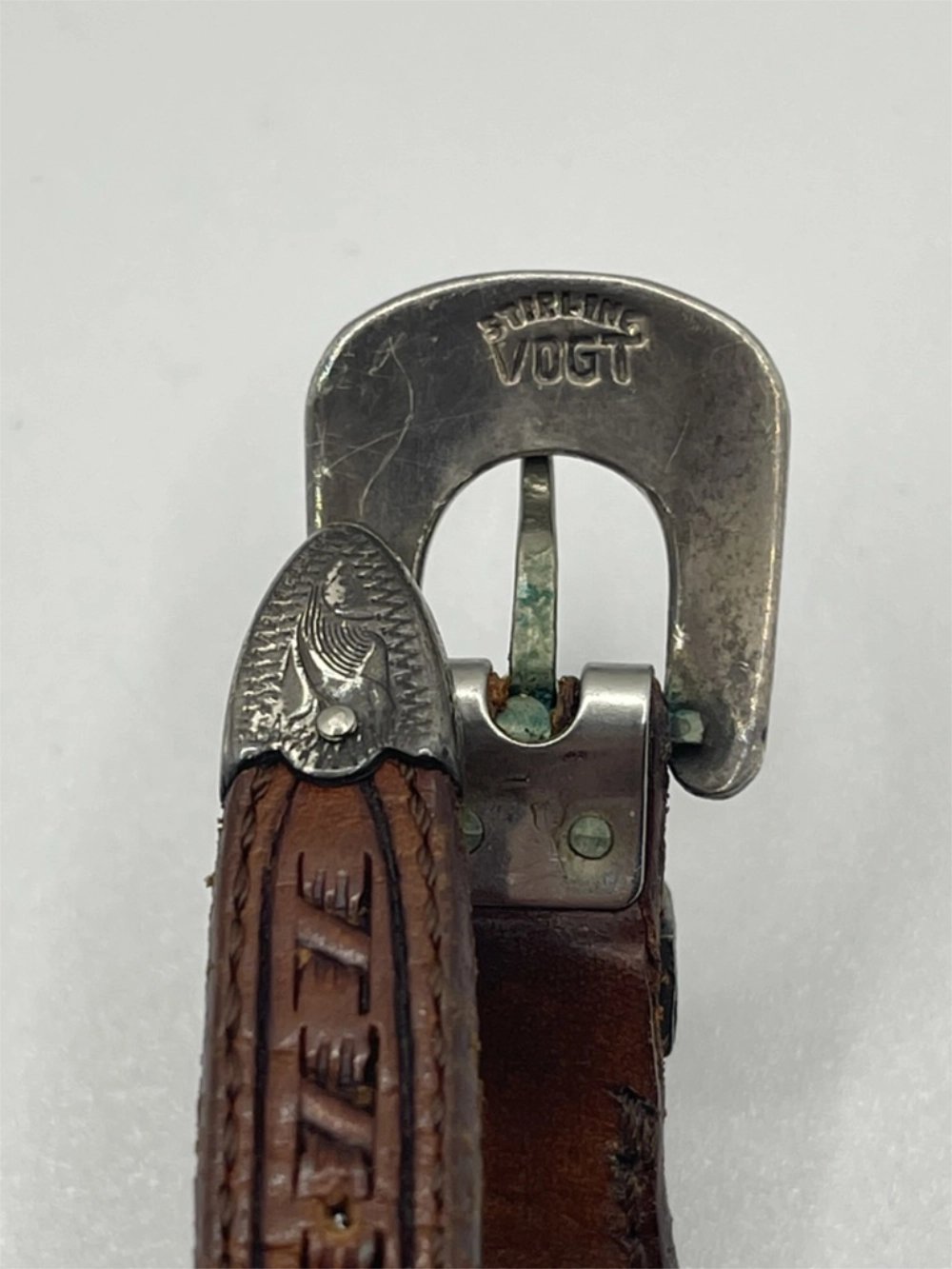 Clasp of Vintage Vogt Western Silver Leather Cuff Watch with Stirfine Vogt etched