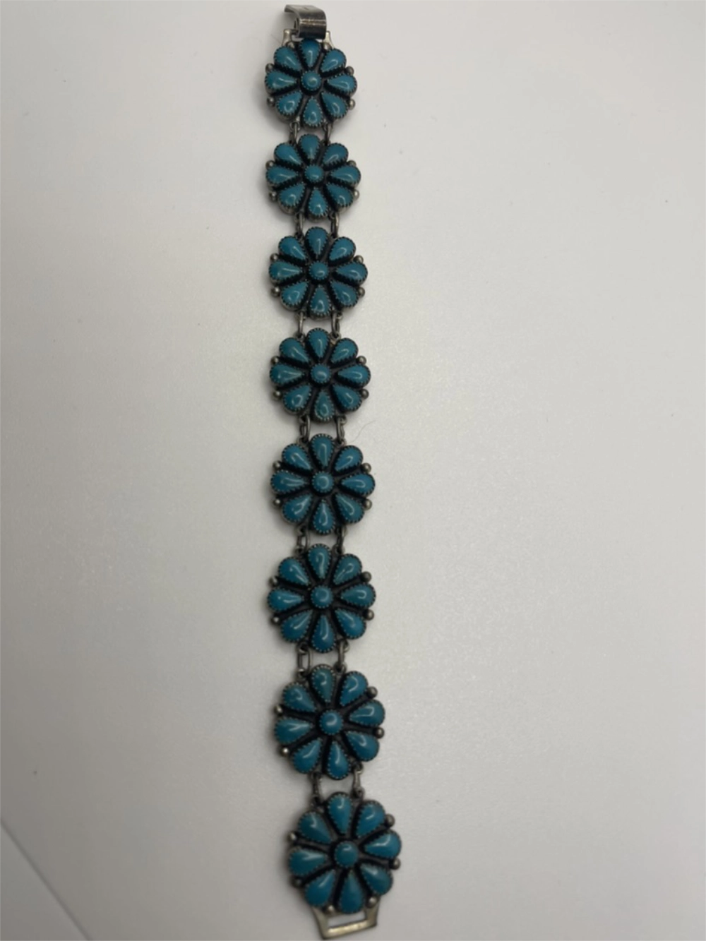 Front View of the Vintage Zuni Turquoise Flower Necklace, Bracelet and Earrings